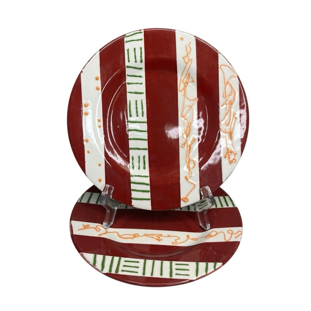 2 Italy Red Plates Slip Trailed 3D Design White Stripe Green Orange Hand Painted
